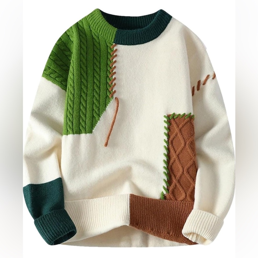 Men's Patchwork Crewneck Sweater - Cream, Green, and Brown - Picture 10 of 10